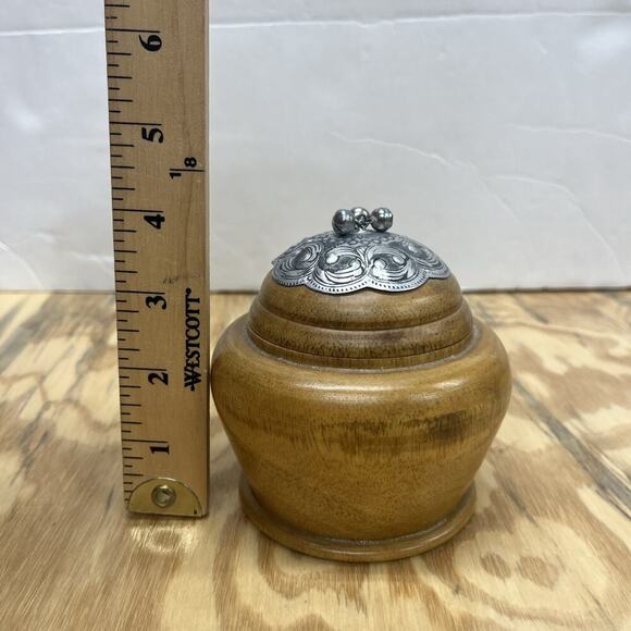Handcrafted Mango Wood Thailand Round Wooden Box With Silver Metal Bells - Picture 7 of 9